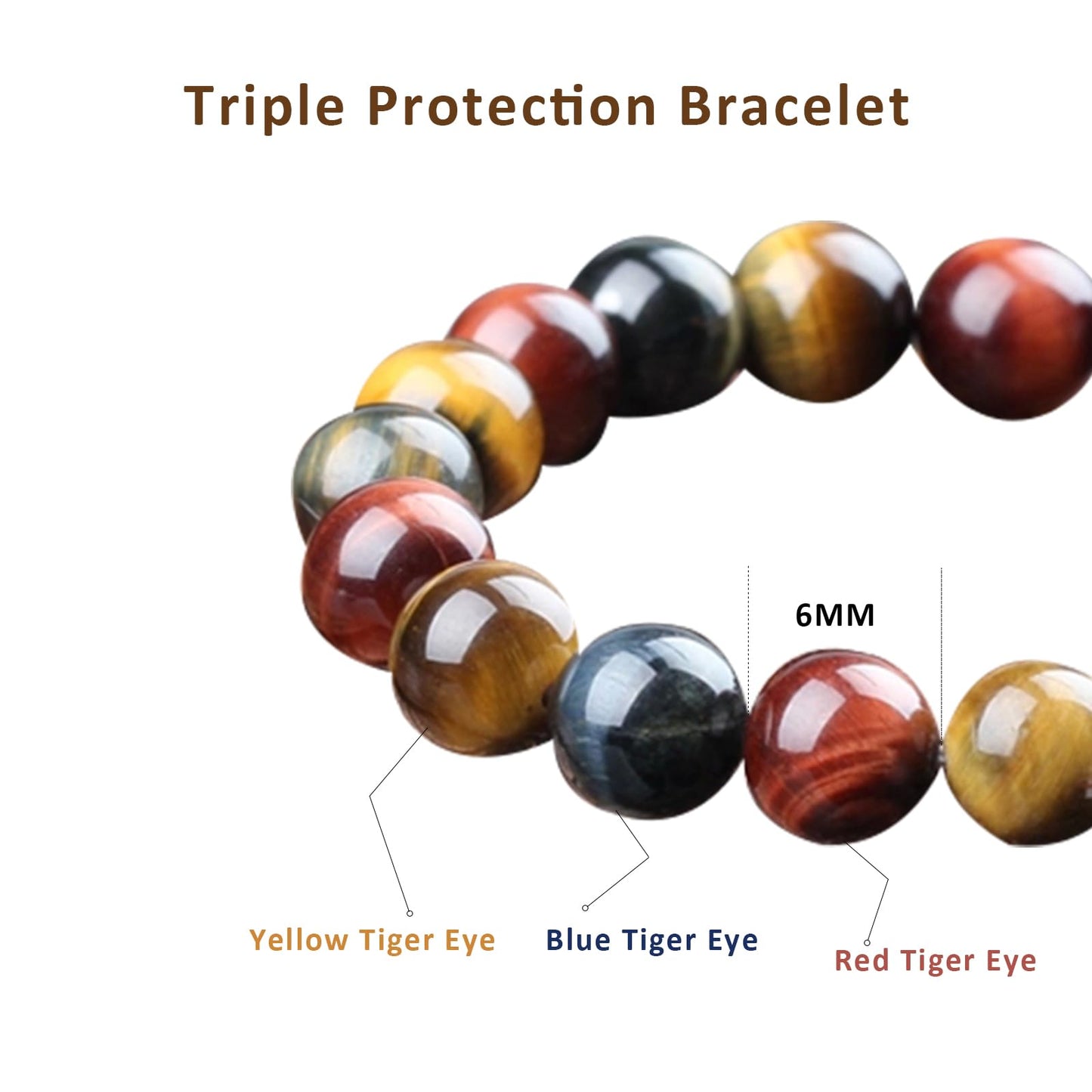 Tiger Eye Bracelets for Women Men, Triple Protection Chakra Beaded Bracelet, Relax Anxiety Healing Crystal Jewelry for Balance, Natural Gemstones Bracelets Gifts for Women Birthday (6MM)