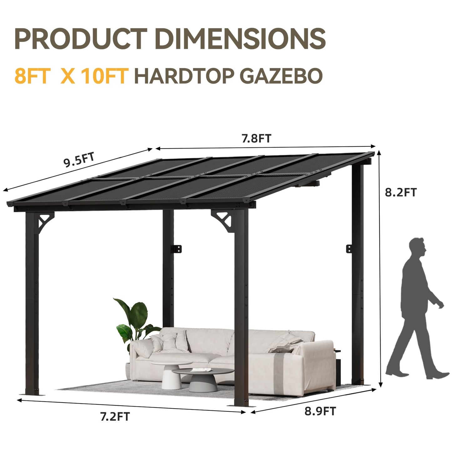 Aoxun 8’x10’ Gazebo, Wall Mounted Gazebos Pergola on Clearance, Outdoor Patio, Large Wall-Mounted Heavy Duty Awnings for Patio, Decks, Backyard (Black)