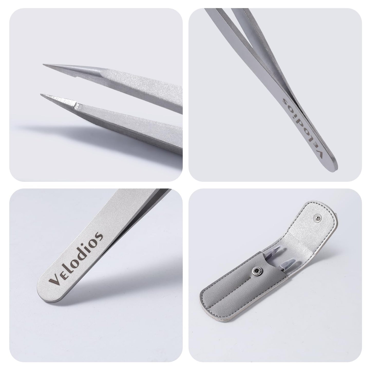 Velodios Tweezers for Eyebrows, Pointed Tweezers for Women Facial Hair, Ingrown Hair Removal, Slanted and Pointed Tip Tweezers Set with PU Travel Case, Premium Stainless Steel