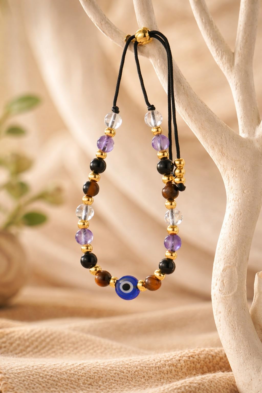 TUQBA Evil Eye Bracelet Healing Stones for Women Baptism Birthday Jewelry Clear Quartz, Amethyst, Tourmaline, Tiger Eye for Friend, Sister, Mom, Christmas Gift, Mothers Days Gifts