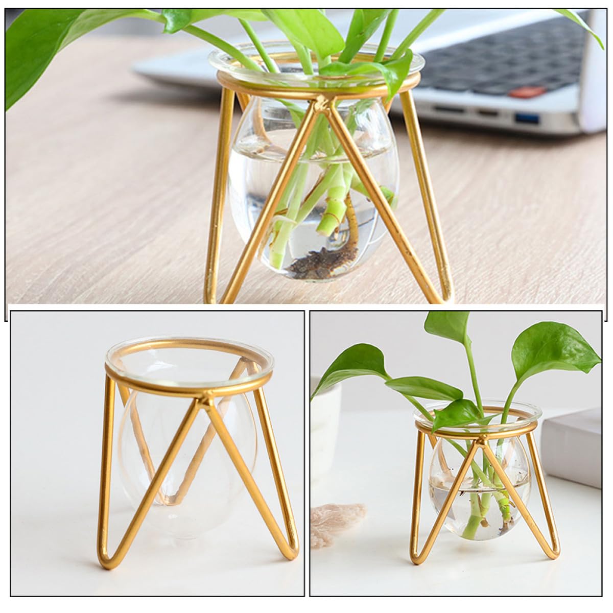 Ipetboom Glass Bulb Planter with Metal Stand, Small Gold Hydroponic Vase for Succulent Propagation, Desktop Glass Vase Holder for Indoor Plant Terrarium and Floral Arrangements