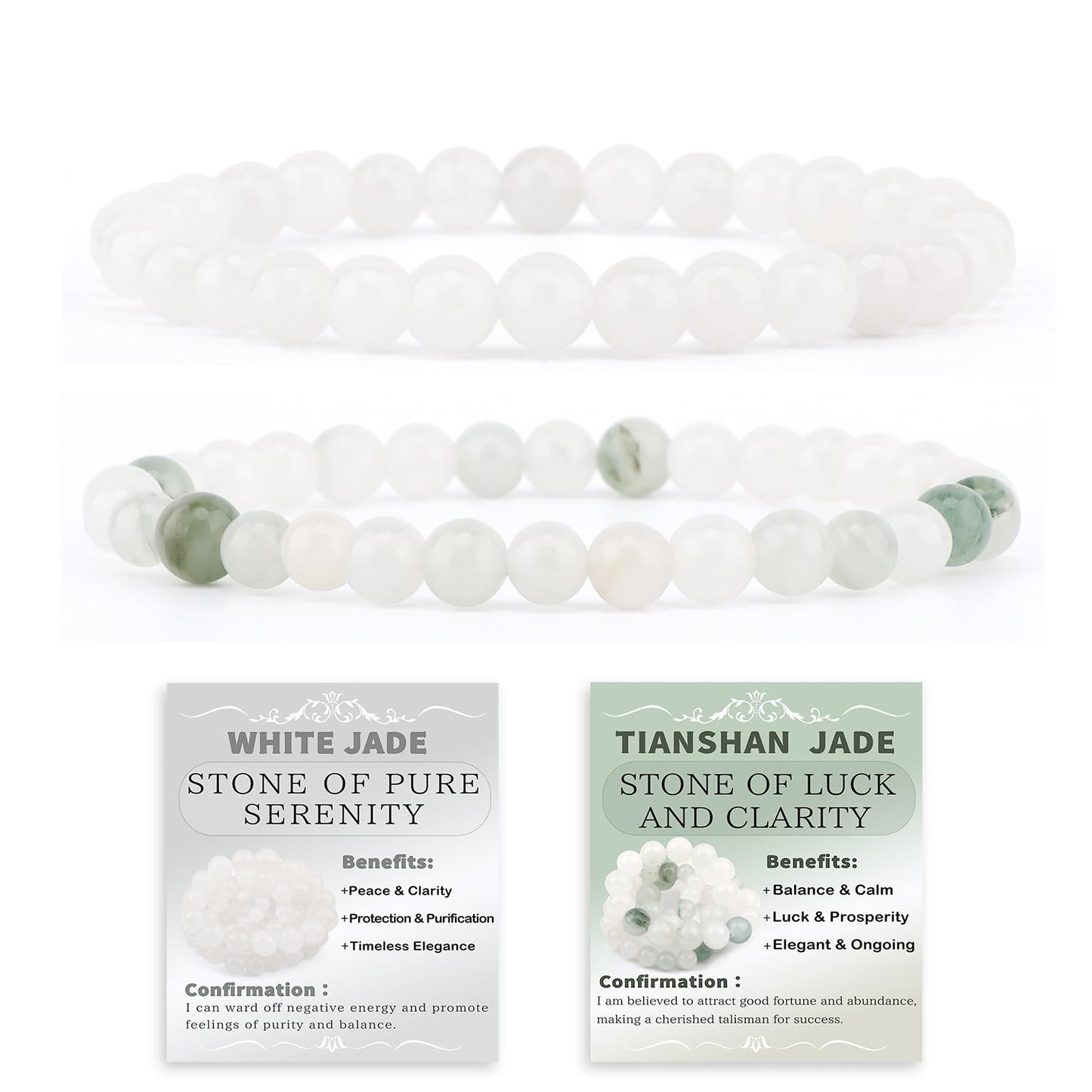 NCB 2-Piece 6mm Natural Crystal Gemstone Stretch Bracelets – ﻿Tianshan Jade, White Jade Handmade Reiki Energy Healing Jewelry for Meditation,Yoga, Unisex