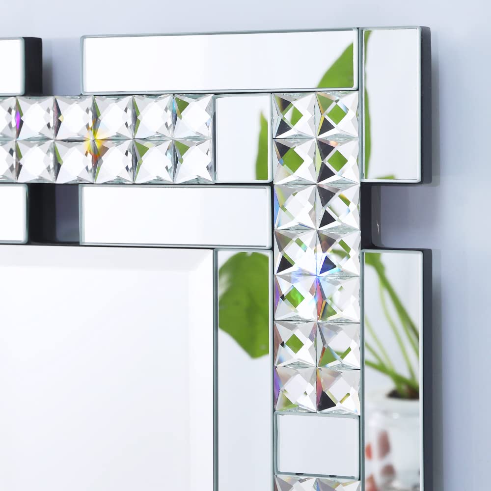 Chende Crystal Large Wall Mirror for Decor, Rectangular Large Living Room Mirror with Beveled Edge and Glass Frame, Entrance, Fireplace, Home Office, Horizontal/Vertical Hanging, 32" x 47"