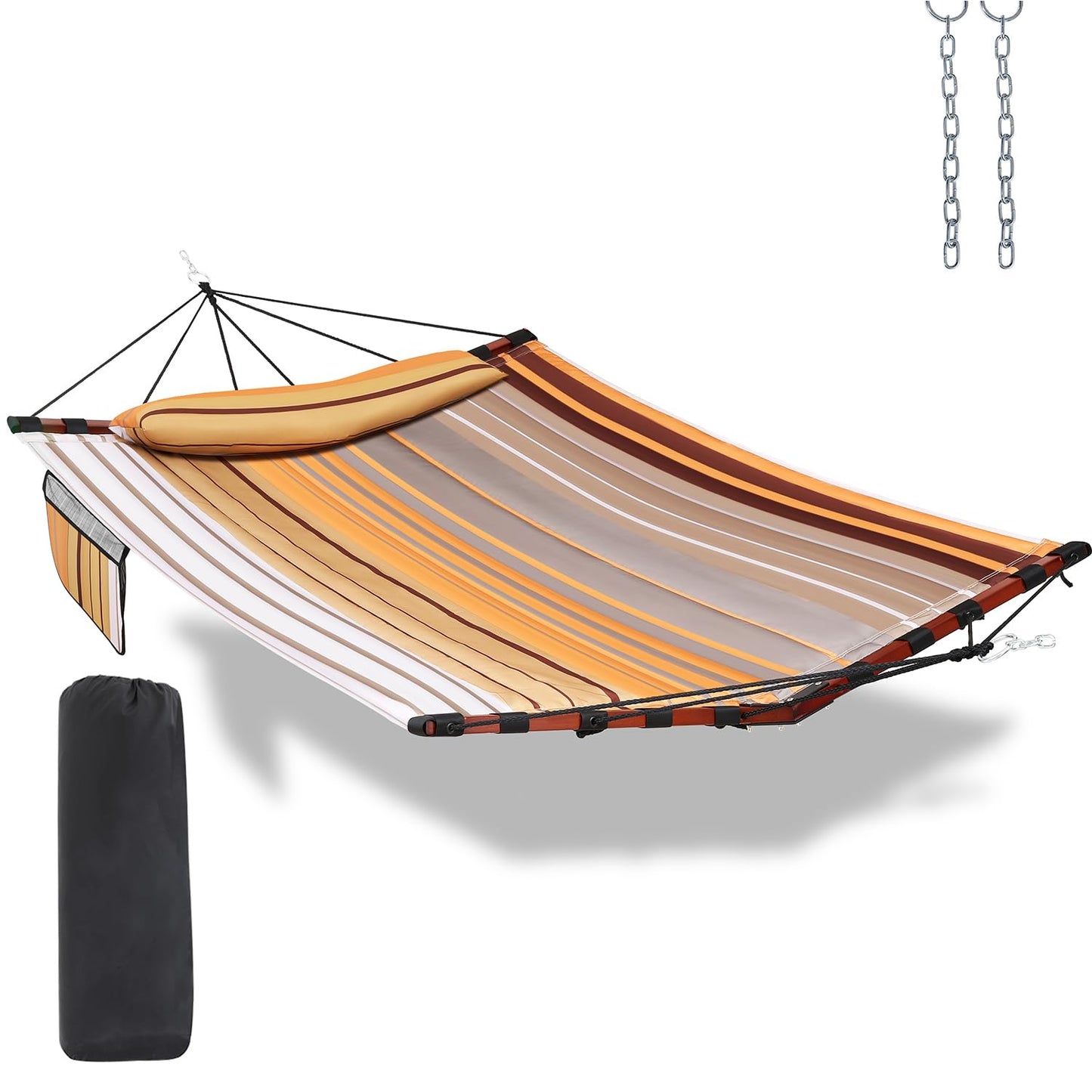 TegerDeger 12FT 2 Person Hammock Large Hammock 450LB Capacity with V Shaped Hardwood Spreader Bar & Nylon Rope for Outside, Patio, Garden, Backyard, Beach, Poolside - Fall Yellow Stripes