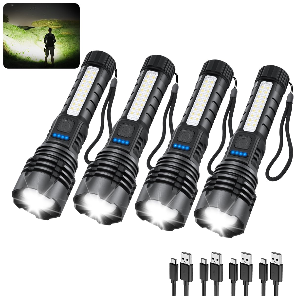 ZioeYiue Rechargeable Flashlights High Lumens, 7Mode Flashlights Rechargeable, Super Bright Flashlight Camping, Adjustable Tactical Flash Light High Powered, LED Flashlight for Home Emergency 4Pack