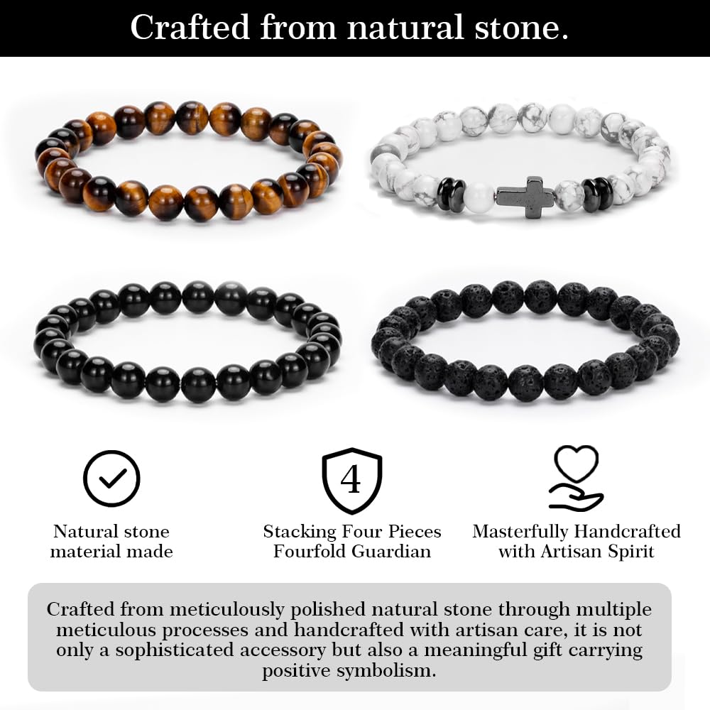 Crystery Men Beaded Bracelets, 8mm Natural Stone Bracelet, Healing Crystal, Jewelry Gifts for men, Triple Protection, Howlite, Tiger Eye, Black Obsidian Beads Bracelets, Lava Rock, Pack of 4