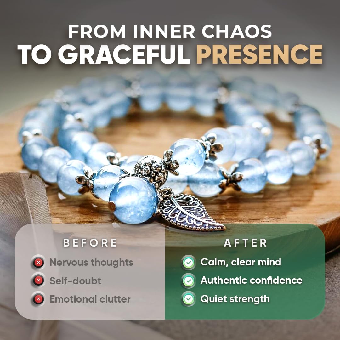 Conscious Items Elegant Calming Crystal Bracelet, Blue Chalcedony Bracelet for Confidence, Inner Peace & Positivity, Crystal Quartz Bracelets for Stress with Silver Leaf Charm for Men & Women