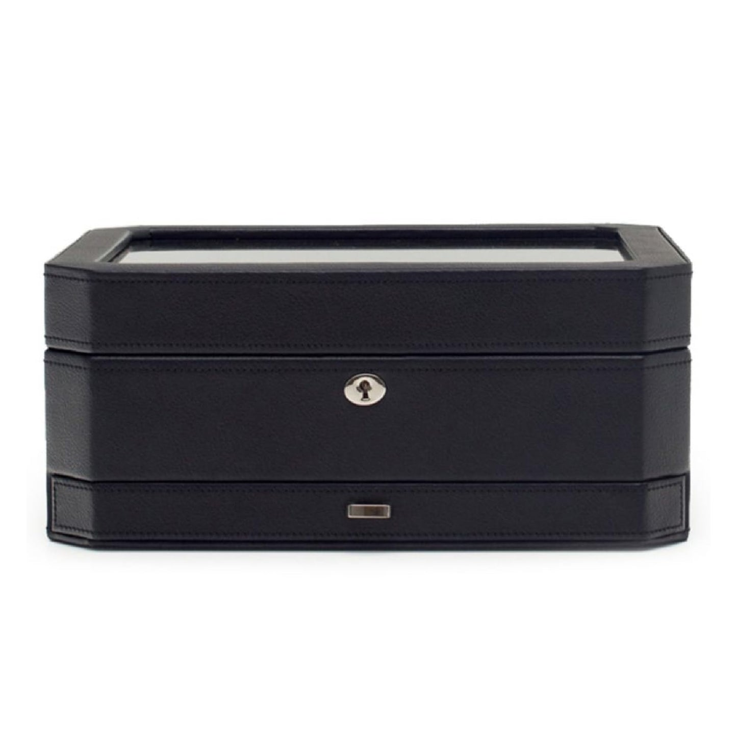 WOLF Windsor 10-Piece Watch Box with Drawer, Black - Features 10 Watch Compartments, Eight Ring Rolls & 17 Jewelry Compartments - Vegan Leather Exterior