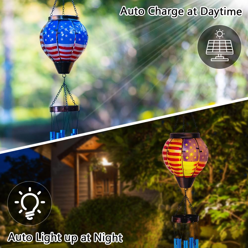 Solar Wind Chimes for Outdide,American Flag Solar Hot Air Balloon Wind Chime with Flame Flickering Light,Glass Windchimes with 5 Thicken Tubes,4th of July Decorations for Garden