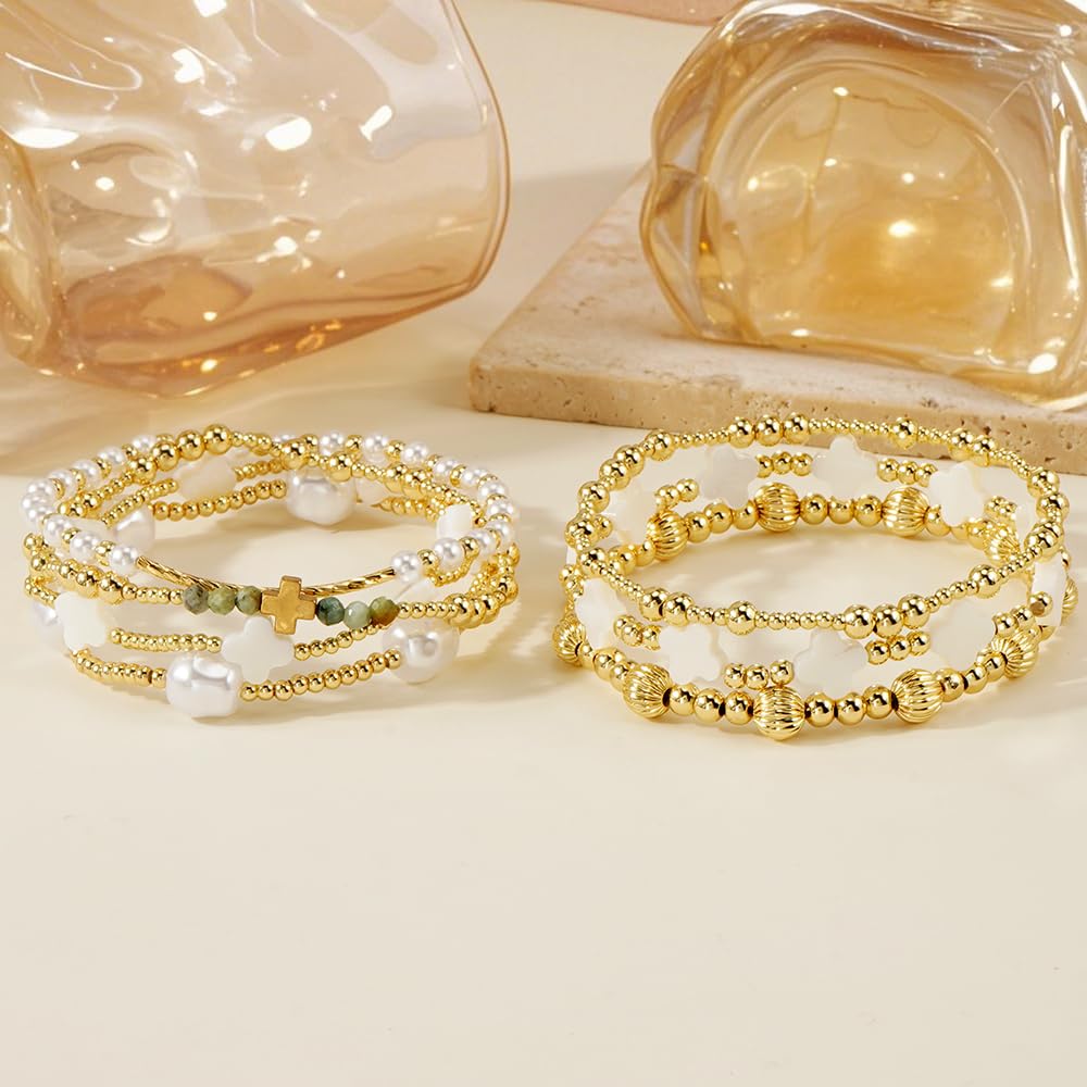 14K Gold Beaded Purple Clover Stackable Bracelets for Women,7PCS/Set Boho Cross Pearl Beads Stretch Bracelets Stack Fashion Holiday Birthday Prom Jewelry Accessories Gift Friendship Sister
