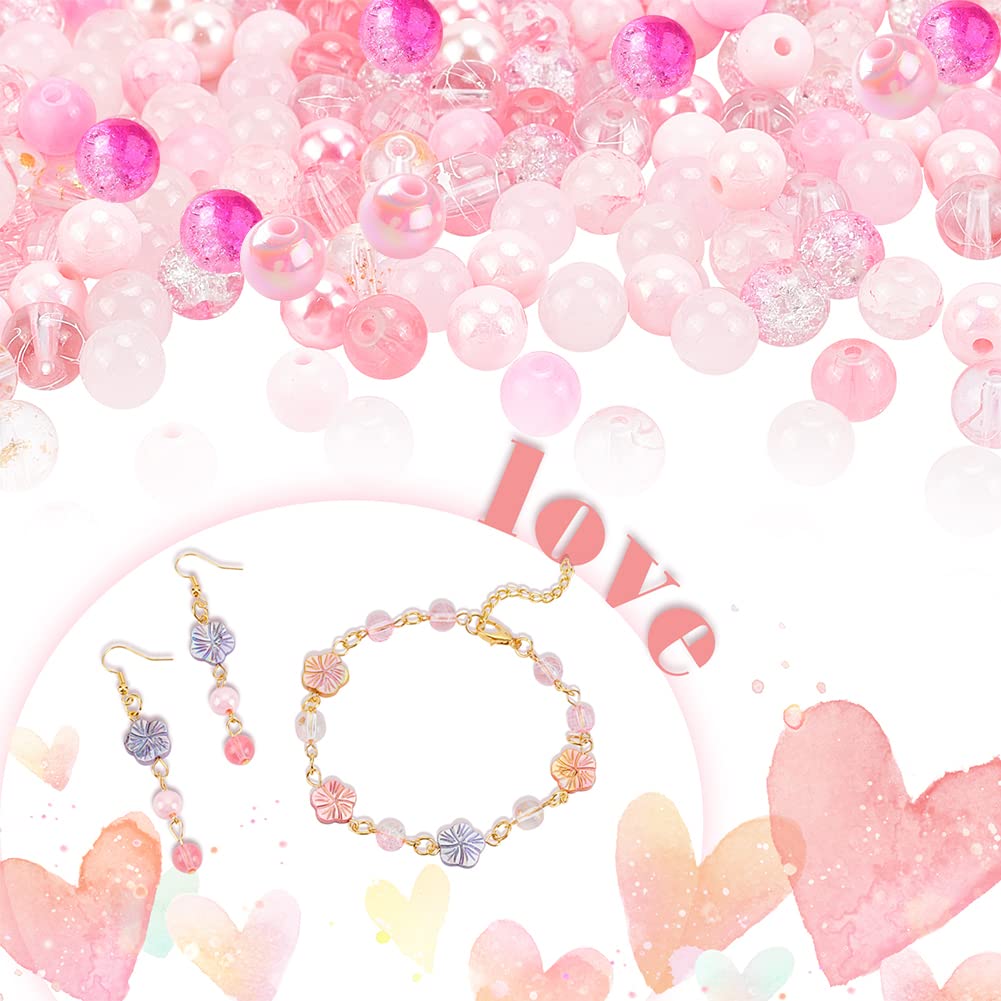 PH PandaHall 450pcs 8mm Pink Glass Beads, 15 Style Crackle Beads Baking Painted Bead Acrylic Loose Bead Spacers for Friendship Bracelets Necklaces Jewelry Making Mother's Day Wedding Birthday