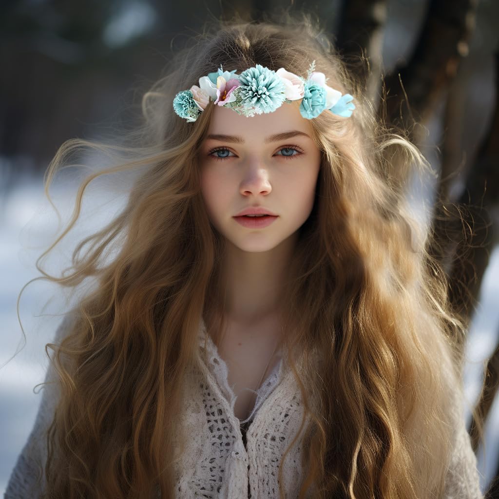Vivivalue Boho Flower Headband Women Floral Crown Hair Wreath Flower Headpiece Halo with Ribbon Wedding Party Festival Photos Blue