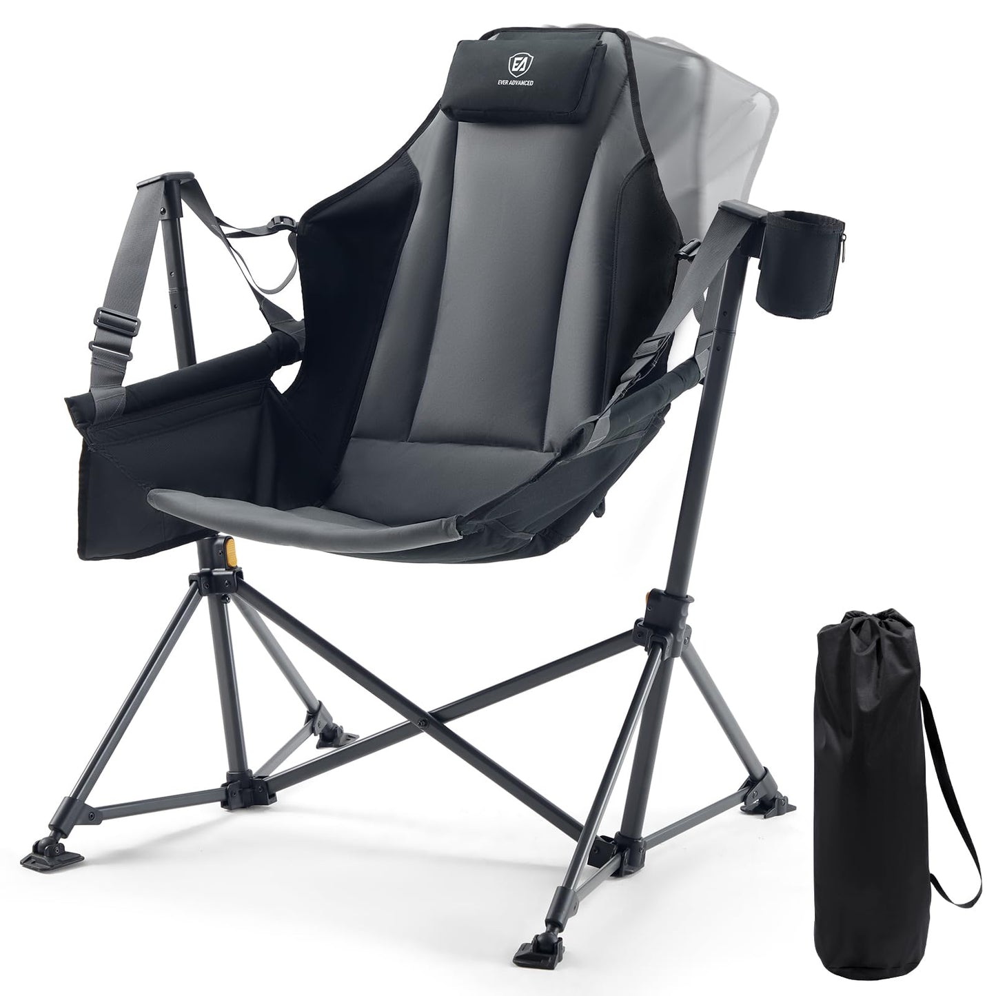EVER ADVANCED Padded Oversized Hammock Camping Chair, Compact Heavy Duty Swing Chair with Multi-Storage Pockets, Portable Folding Rocking Camping Chair, Support Up to 400lbs, Black