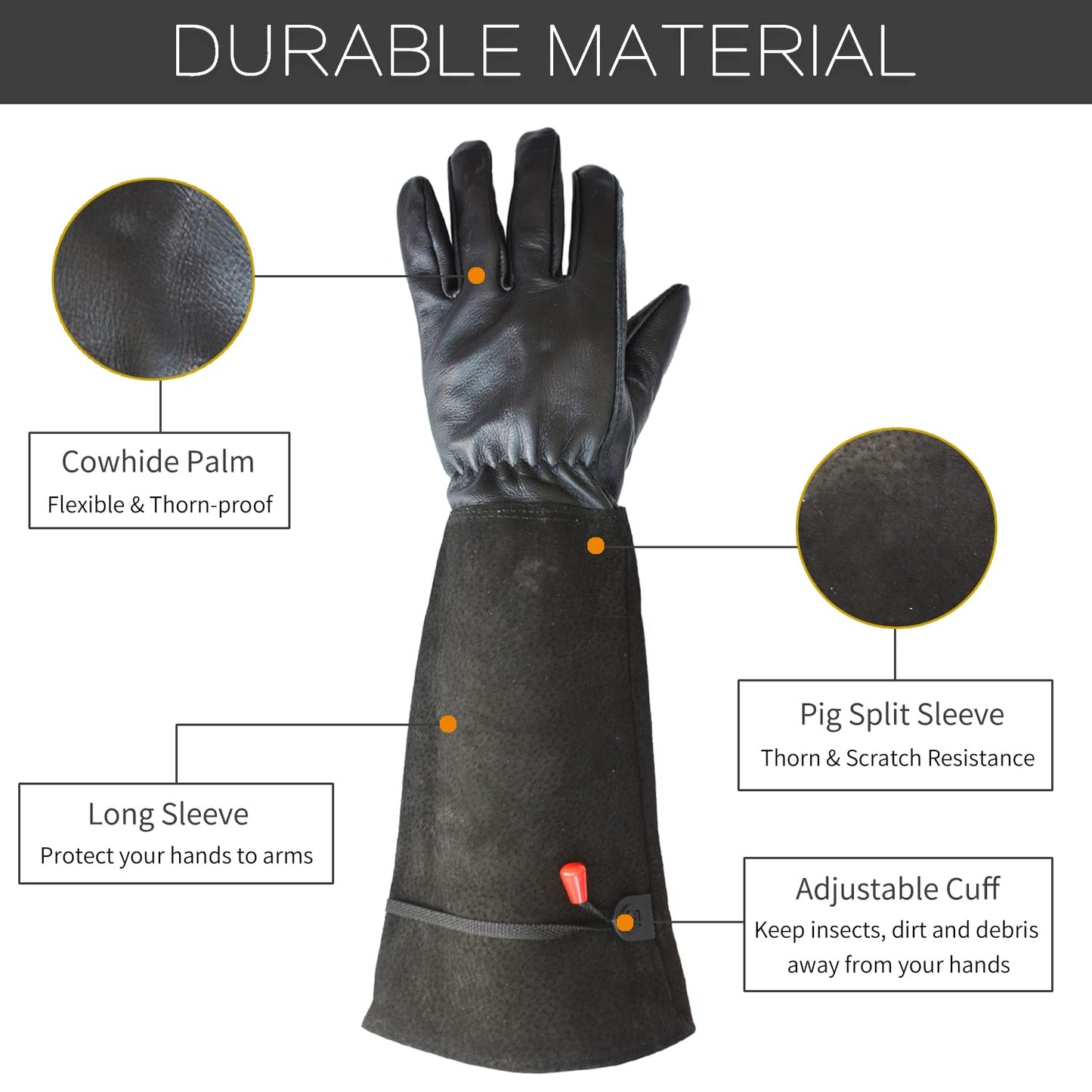 GLOSAV Gardening Gloves, Professional Puncture Proof Gloves for Rose Pruning & Cactus Trimming, Long Leather Garden Gloves Gifts for Women & Men- Full Grain Pigskin (Thorn Proof) (Large, Black)