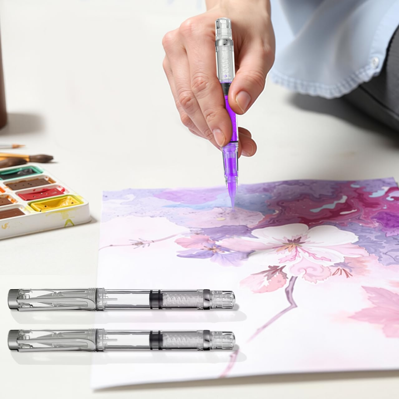 Veemoon Refillable Fountain Brush Pen Set, Piston Fountain Brush Pen Leak-Proof Water Writing Tool Ink Calligraphy Calligraphy Water Paintbrush for Write Drawing Crapbooking Sketching Art, 5Pcs