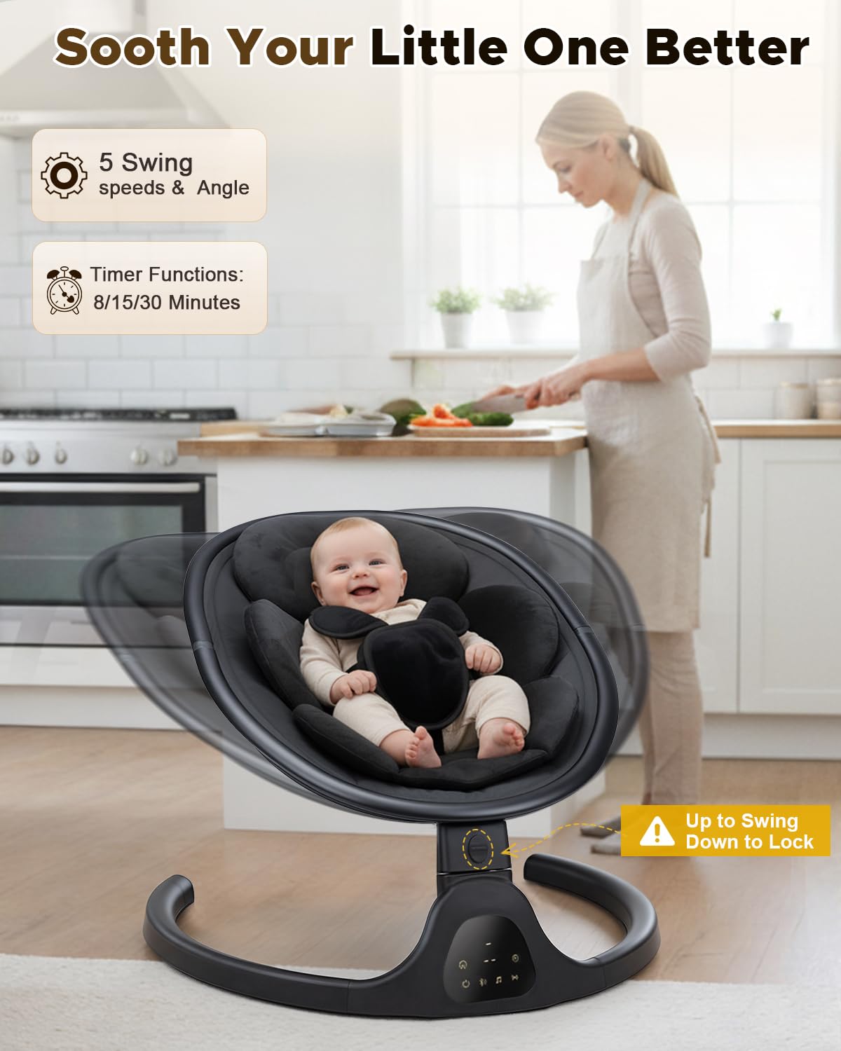 Baby Swing for Infants, Infant Swing with 5 Swing Speed, Built-in Lullabies, 5-Point Harness, Electric Infant Swing with Bluetooth for Indoor & Outdoor Use (Black)