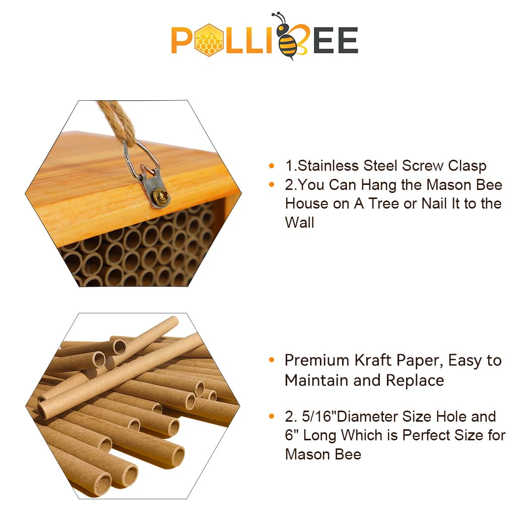 Mason Bee House - Wax Coated Bee Hotel for the Garden, Natural Handmade Wooden Insect Hotel, Mason Bee Home for Outdoors, Attracts Peaceful Bee Pollinators to Your Garden