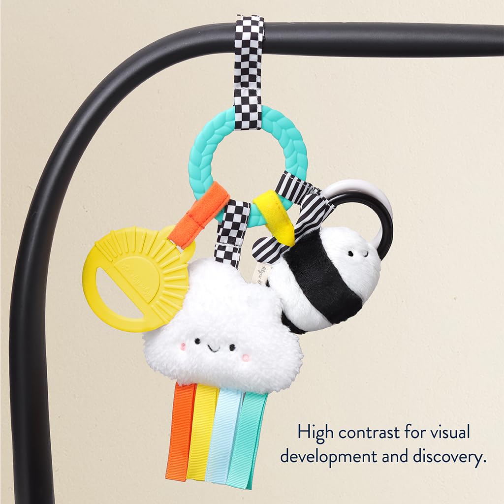 Itzy Ritzy Teething Activity Toy - Bitzy Busy Ring Infant Teething Toy Features Braided Ring & Dangling Toys, Includes Teether, Ribbons, Crinkle Sound & Jingle Bell - 0 Months & Up (High Contrast)