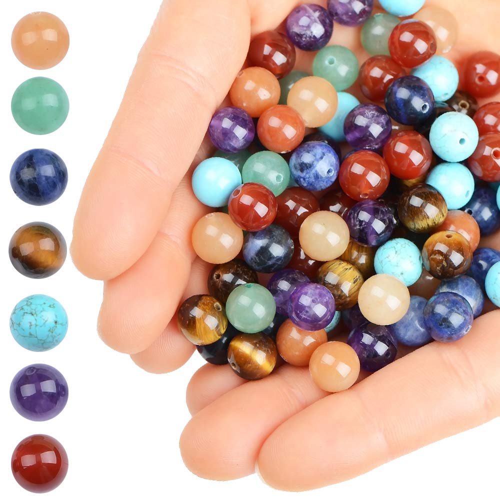 100Pcs Natural Crystal Beads Stone Gemstone Round Loose Energy Healing Beads with Free Crystal Stretch Cord for Jewelry Making (7-Chakra Beads, 8MM)