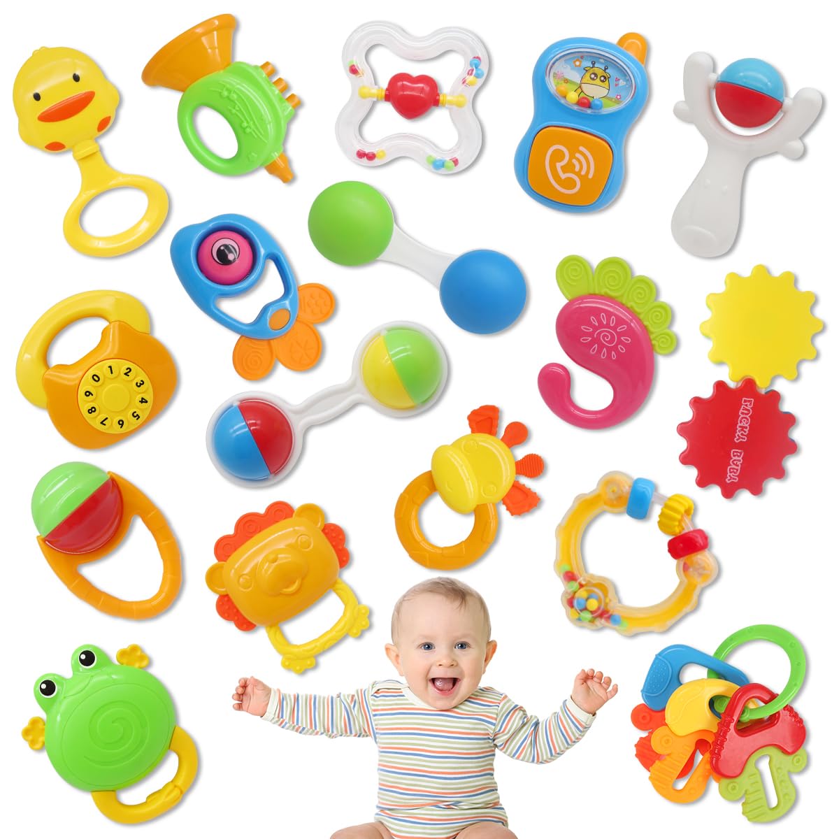 RUIDYA 20PCS Baby Rattles Toys Set, Baby Toys 3-6 Months, Infant Grab and Shake Rattle, Sensory Teether, Learning Toy for 0 1 2 3 4 5 6 7 8 9 10 11 12 Month 1 Year Old Newborn Boys Girls