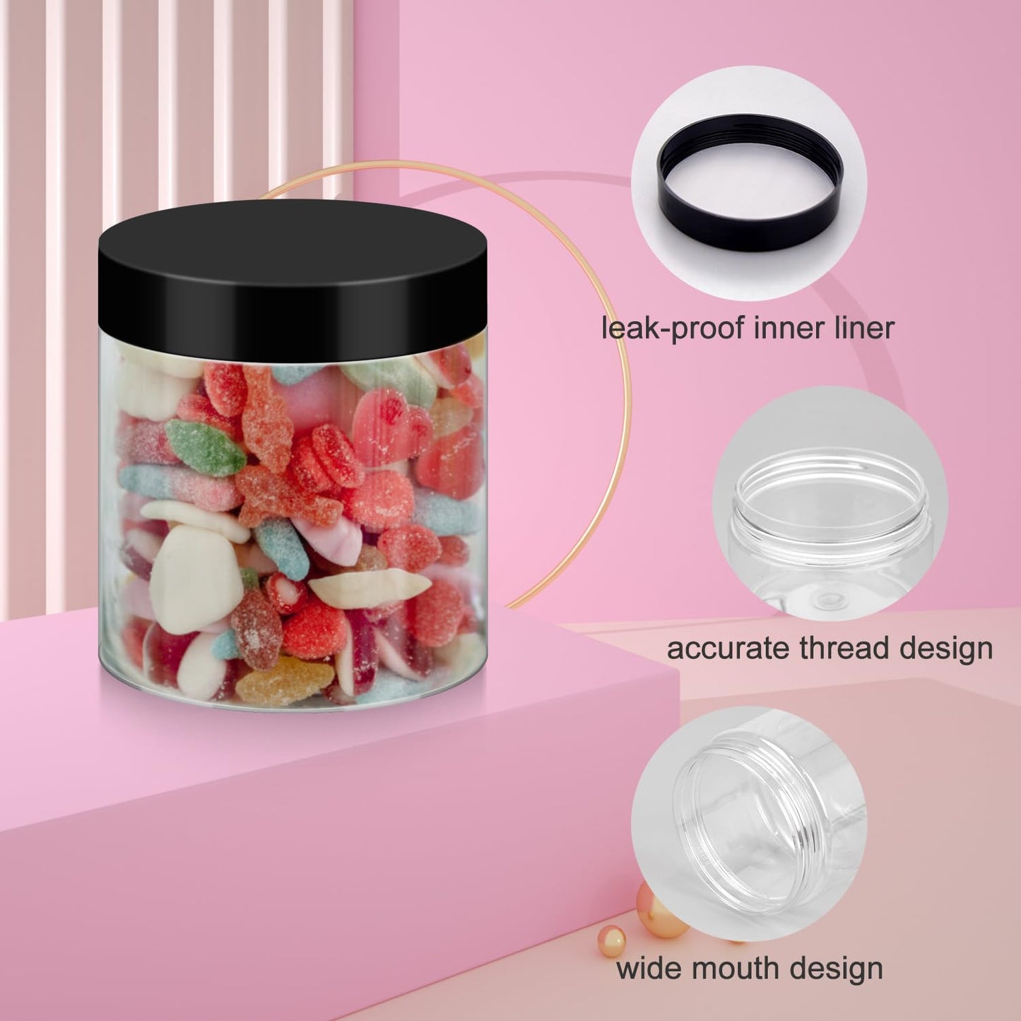 Loretoy 36 Pack 8 OZ Household Plastic Jars with Lids, BPA Free, Reusable, Refillable Transparent Cosmetic Containers for Bath Salts, Cosmetics, Powders, Beauty Product and Small Accessories, Black