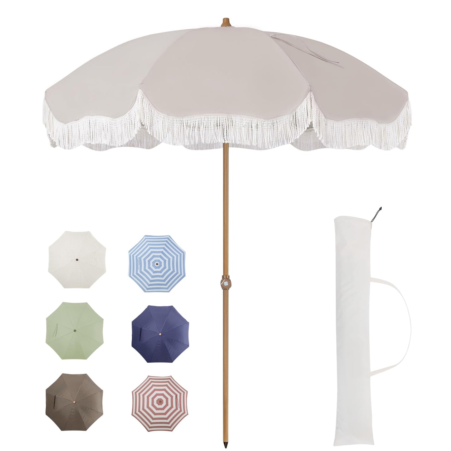Tempera 7ft Outdoor Patio Umbrella with Carry Bag, Beach Umbrella with Fringe | Vintage Tassel Umbrella with Prime Steel Pole and Ribs Push Button Tilt, Ideal for Garden Lawn Poolside, UPF50+, Beige