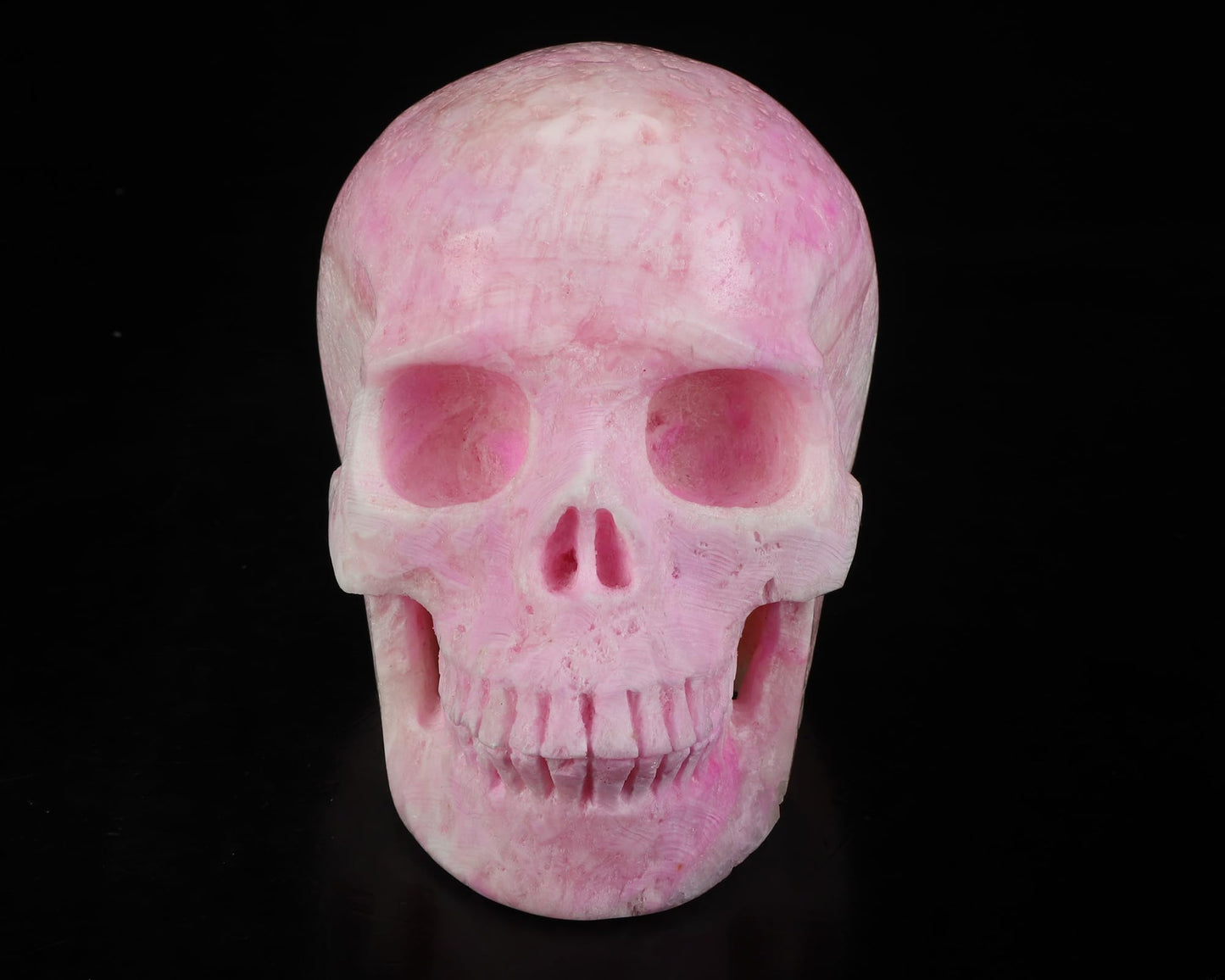 Skullis 5.0" Pink Aragonite Realistic Crystal Skull, Hand Carved Gemstone Fine Art Sculpture, Reiki Healing Stone Statue.3252.