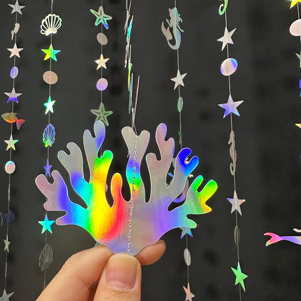 8 String Blingbling Rainbow Under The Sea Streamer Party Banner Decoration Kids Mermaid Birthday Decor Shell Coral Ocean Theme Baby Shower Garlands Photograph Backdrop Party Supplies