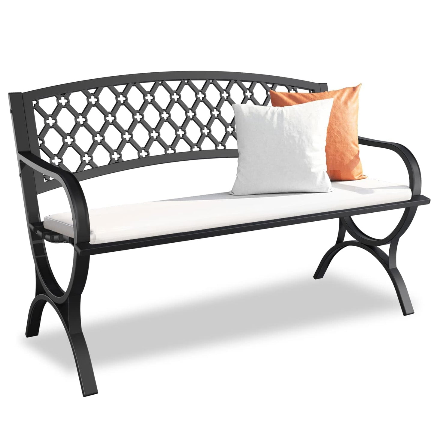Maemttes Outdoor Bench Garden Benchs, Weatherproof Anti-Rust Heavy-Duty Outside Bench Clearance, Wrought Iron Metal Bench for Front Porch, Patio, Park, Ergonomic Backrest, Slatted Seat
