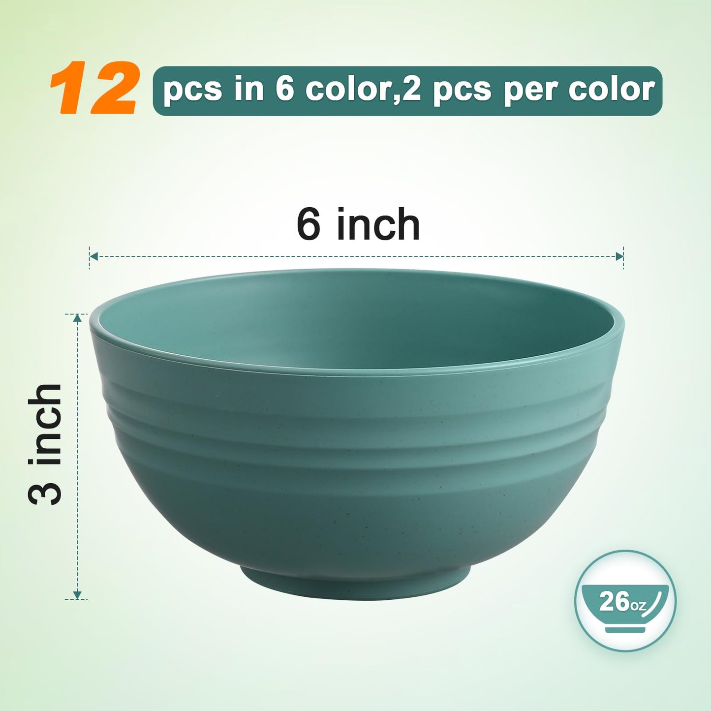 HEYCOME 12 Pcs Unbreakable Cereal Bowls Set, 26 Oz Wheat Straw Bowls Set, Microwave & Dishwasher Safe Rice Bowls for Kitchen, Reusable Plastic Bowls for Soup, Salad and Snack, BPA Free, Multicolor