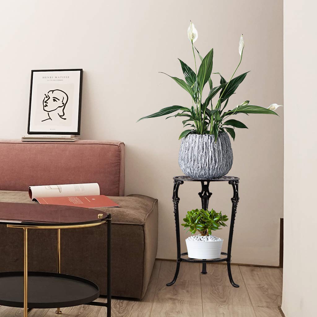MDLUU Plant Stand 18.8 Inches Tall, Cast Iron Potted Plant Stand, 2-Tier Metal Planter Stand, Flower Pot Stand for Living Room, Bedroom, Kitchen Decor (Black)