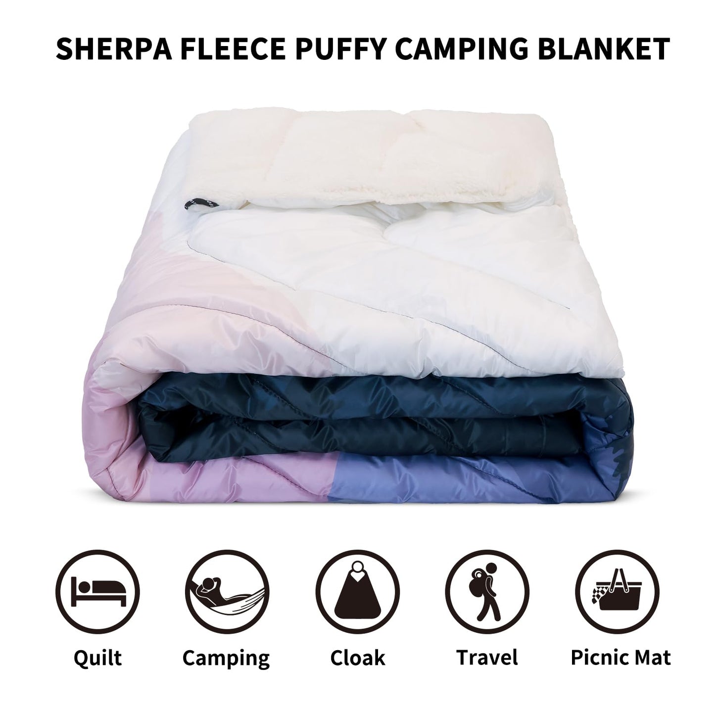 zzlamb Sherpa Puffy Camping Blanket,Outdoor Warm Wearable Fleece Blankets for Cold Weather,Camp Quilt with Sherpa Lining for Sleeping,Traveling,Backpacking,Picnics,Stadium 52x75in Lavender Ridge Fade
