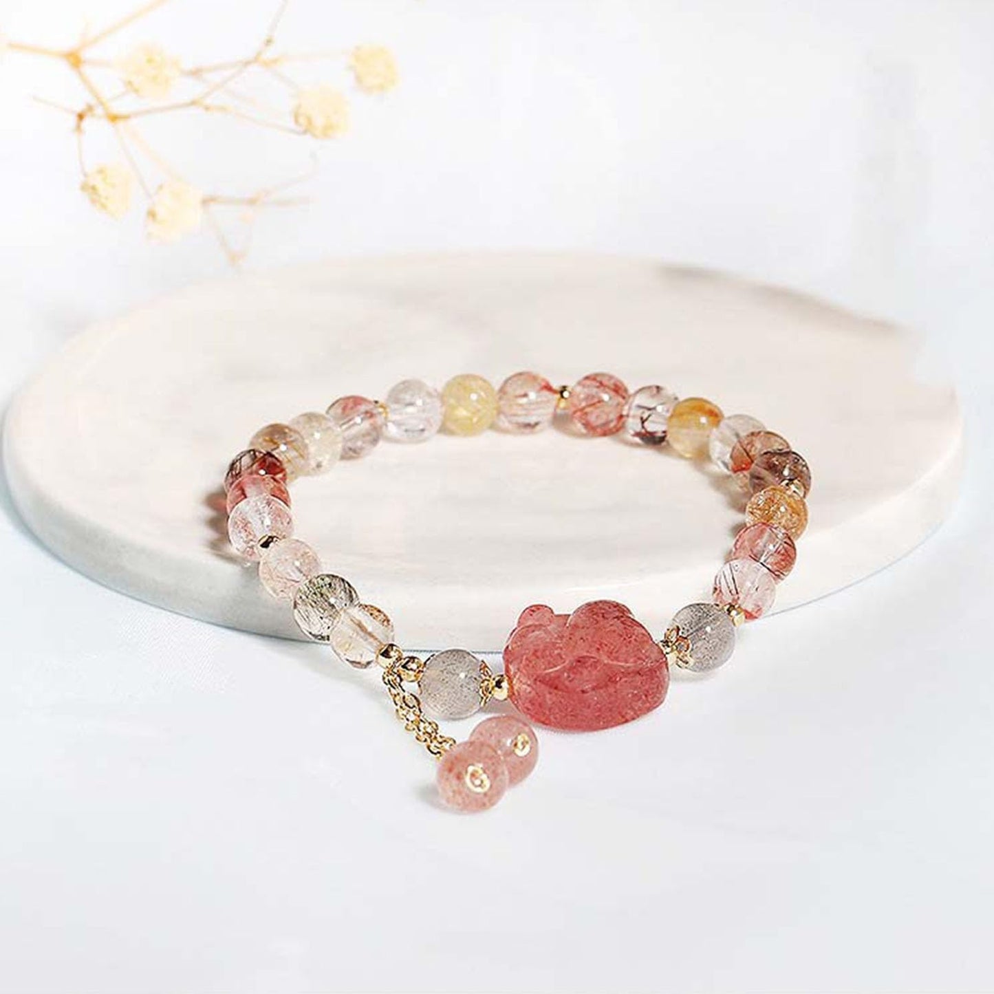 LWQQWL Cat Paw Bracelet Colorful Quartz Crystal Cat Claw Bracelet Strawberry Stone Bracelet Jewelry 7 Inch for Women