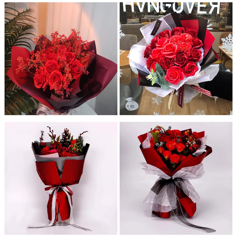 NatureMan 20 Sheets Double-Sided Colors Flower Wrapping Paper,Waterproof Valentine's Day Bouquet Wrapping Paper 22.8x22.8Inch Florist Supplies(Black+Wine red)