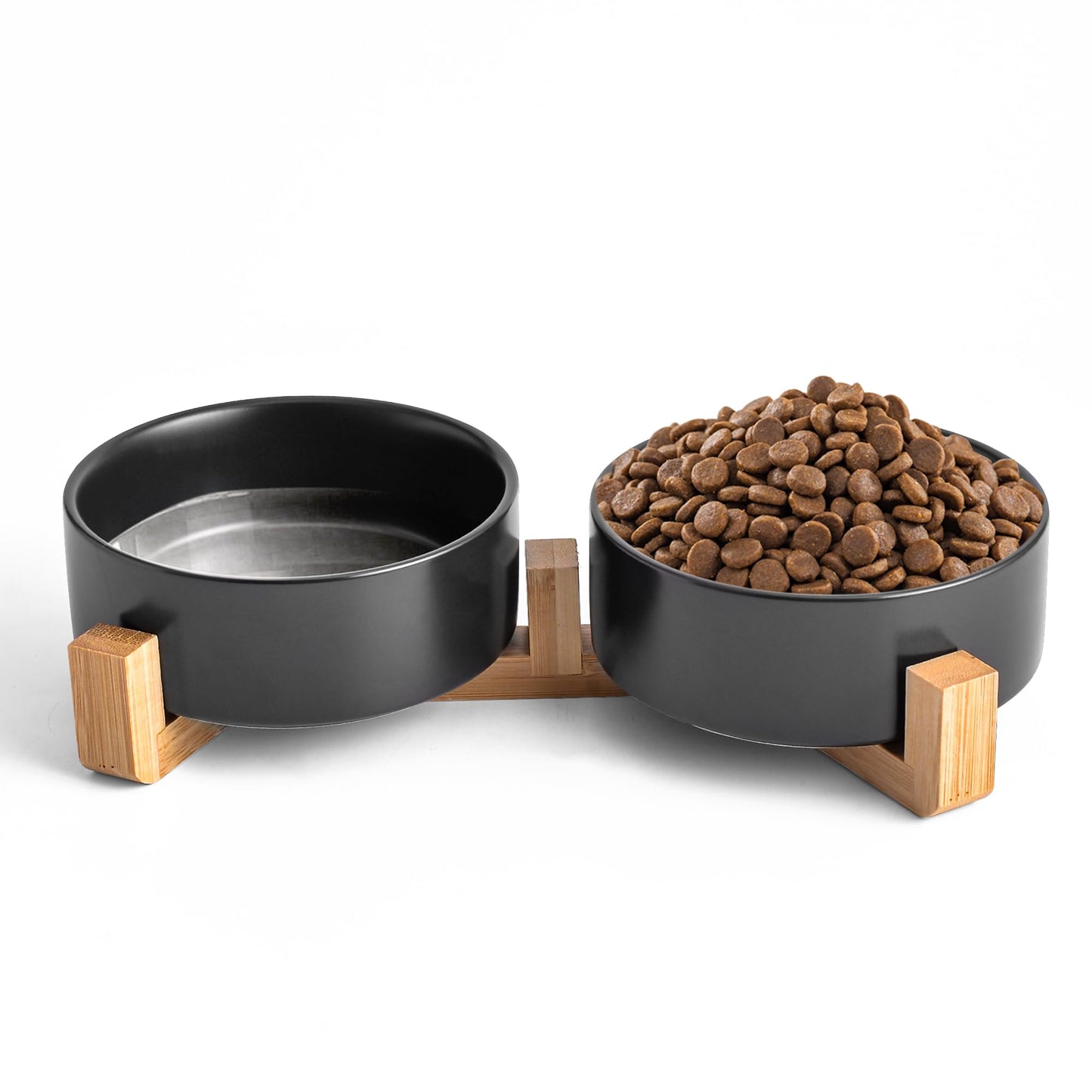 Mowtanco Black Ceramic Dog & Cat Bowl Set – 13.5 OZ with Wooden Stand, Non-Slip, Elevated Design for Small Dogs & Cats – 2 Bowls (Food & Water, Ceramic Pet Bowls, Modern Dog Bowls)