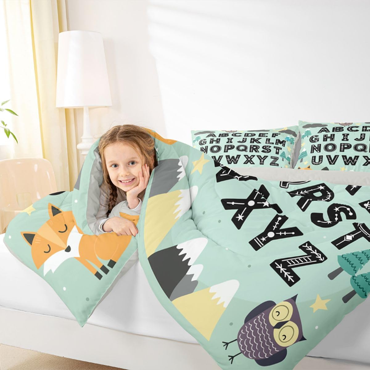 Feelyou Alphabet Kids ABC Learning Comforter Set All Season Cute Fox Bedding Set with 1 Pillow Cases Educational Nursery Art Kids Toddler Bedclothes Woodland Animals Bedroom Decor Duvet Quilt