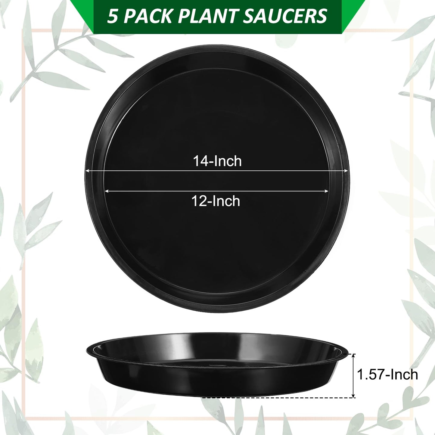 PATIKIL 5 Pack Plastic Plant Saucer, 14 Inch Plant Tray for Pots Round Plant Dish Plant Drip Trays Water Tray for Indoors Outdoors Garden, Black