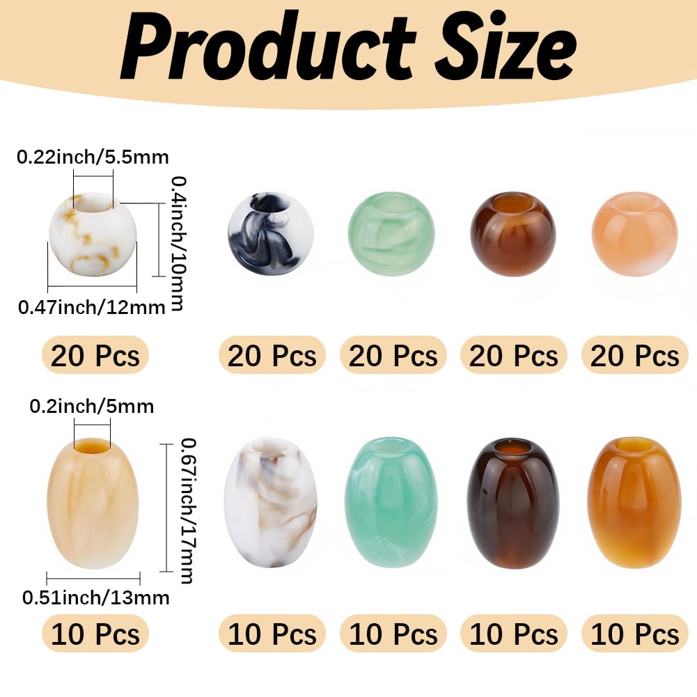 PONABEADIY 1 Box 150PCS Acrylic Large Hole Hair Beads Round Oval Opaque European Imitation Painted Stone Loose Spacer Polished Barrel Macrame Bead Bulk for Jewelry Making Bracelet Necklaces DIY Craft