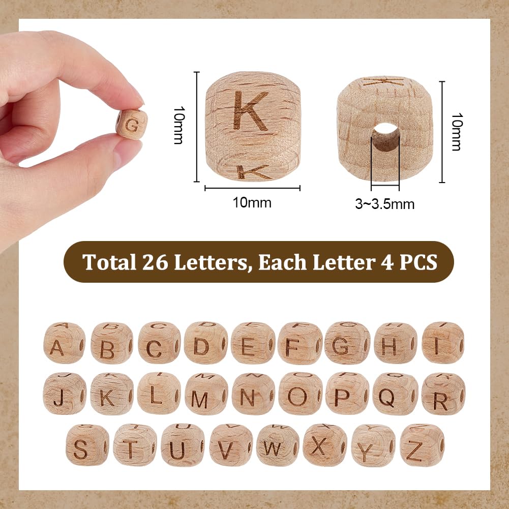 PH PandaHall 104pcs Alphabet Wooden Beads, 10mm Flat Round Letter Beads Natural Wooden Flat Bead Wood Loose Bead for DIY Crafts Jewelry Making, Hole 3~3.5mm