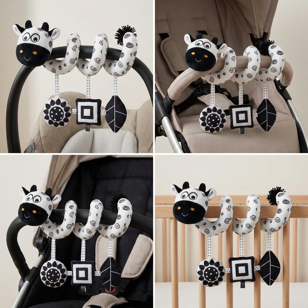 Car Seat Toys – Baby Toys 0-6-12 Months High Contrast Black & White Spiral Car Seat Toy, Carseat Toys Hanging for Newborn Toys, Stroller Toys, Baby Stroller Toy, Infant Toys, Crib Toys Hanging