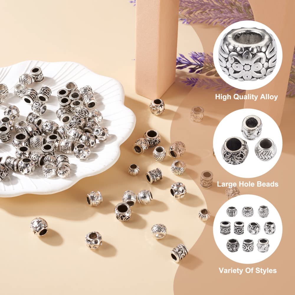 Craftdady 100pcs Antique Silver Barrel European Beads Tibetan Metal Drum Loose Beads Large Hole Rondelle Column Spacer Beads with Wavy Pattern for Jewelry Making Hole: 4-6mm