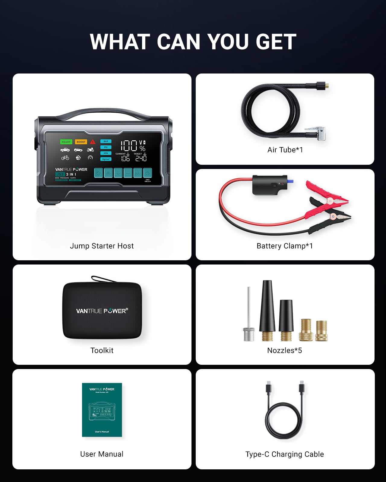 VANTRUE POWER JS3 Real 3250A Jump Starter with Air Compressor 160PSI, 12V Car Battery Booster with 9" Large Display, Jump Box with Light, 65W Fast Charging Power Bank, 8.0L Gas/3.8L Diesel Engines