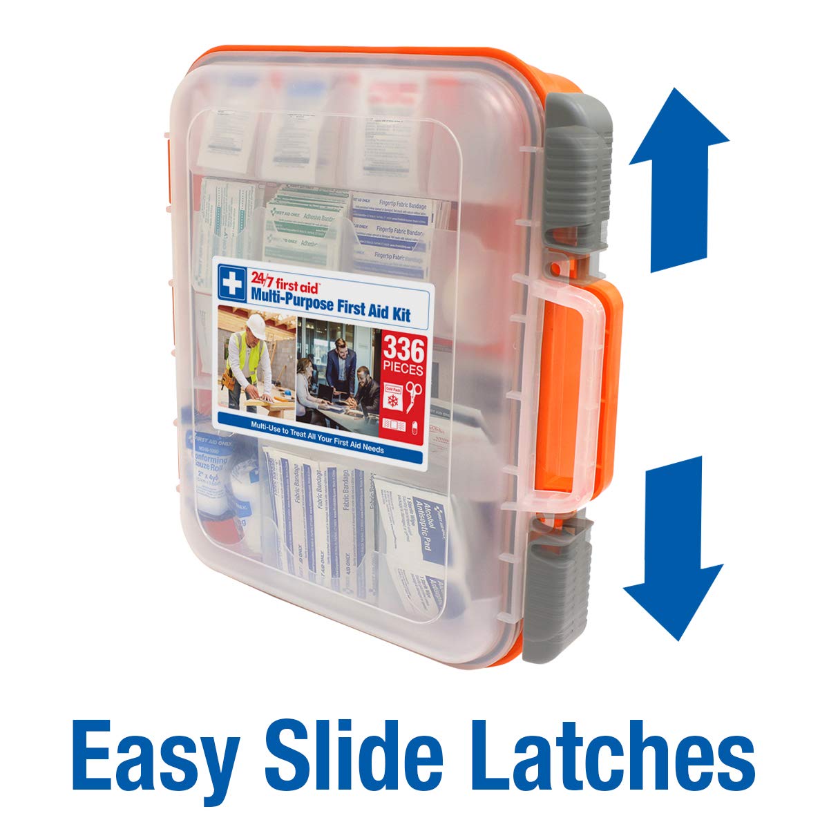 24/7 First Aid OSHA Compliant First aid Kit, All-Purpose 100-Person Emergency First Aid Kit for Business, Home, and Car in Plastic Case with Easy-Slide Latches, 336 Pieces