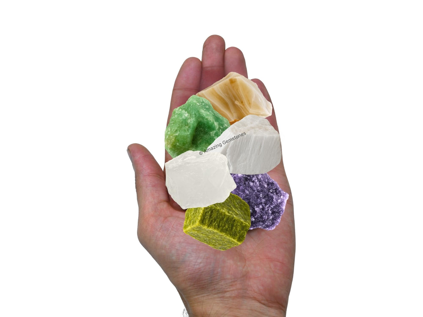 Amazing Gemstone Crystals for Emotional Trauma Manifestation, Set of 6 Lepidolite, Green Aventurine, Scolecite, Vesuvianite, Lace Agate and Clear Quartz Healing Crystals and Stones