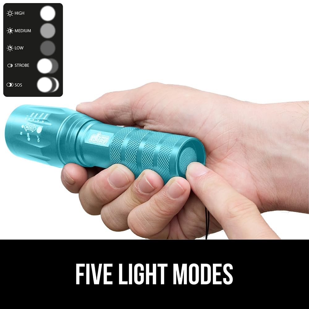 GORILLA GRIP Powerful LED Tactical Flashlight, 750 FT High Lumens 5 Adjustable Modes, Water Resistant, Ultra Bright Zoom Flashlights, Small Mini Flash Light, Camping, Night Dog Walking, Turquoise