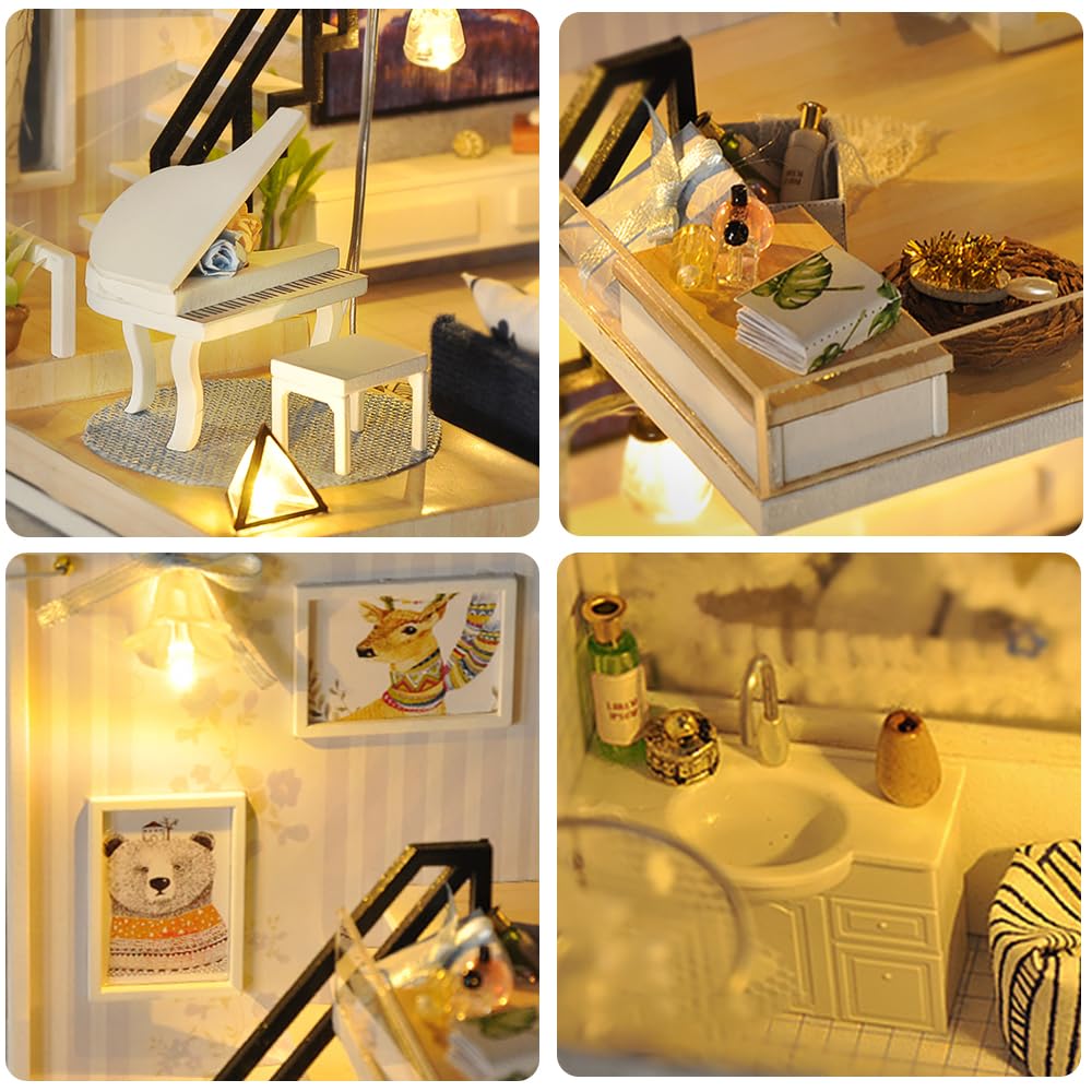DIY Miniature Dollhouse Kit, Mini House Making Kit with Furnitures and Dust Cover, Tiny House Kit to Build for Adults, Hobby Craft Gift for Christmas Day, Loft House