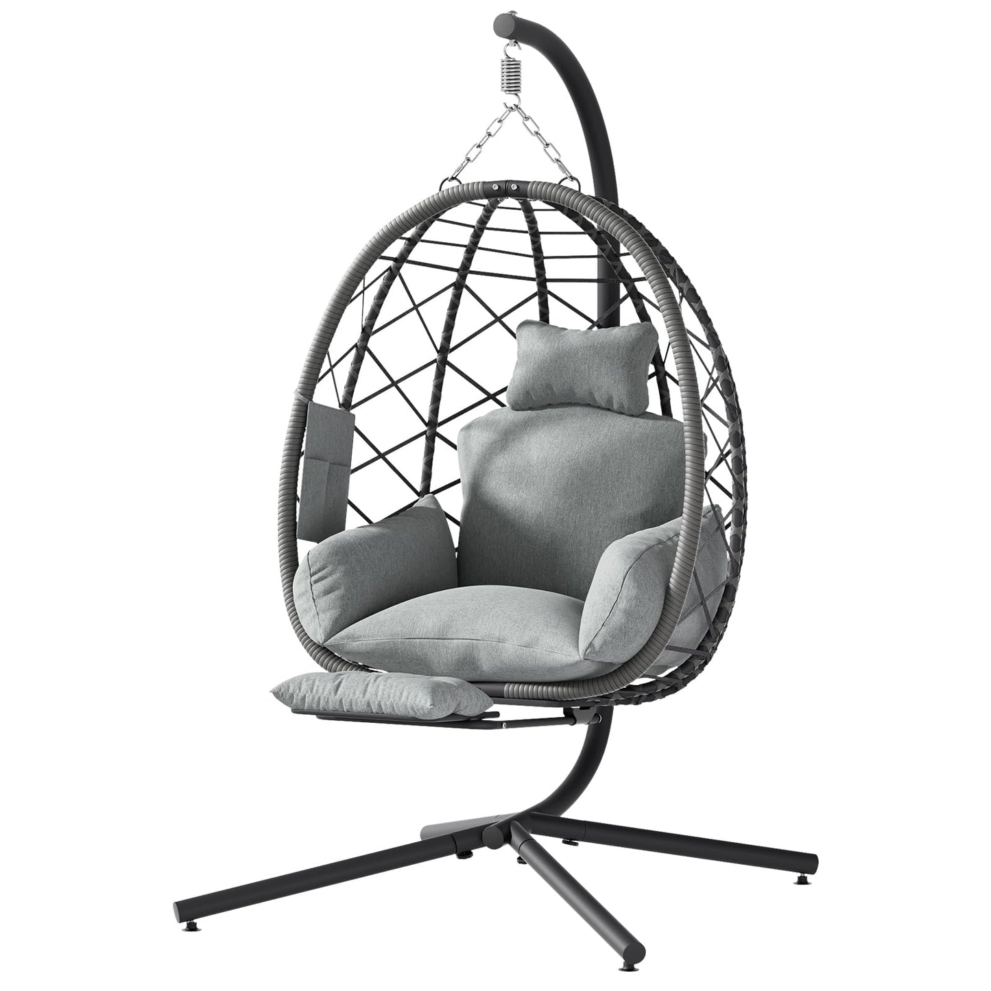 Suteck Hanging Egg Chair with Adjustable Footrest & Stand, Indoor Outdoor Wicker Egg Swing Chair with Cushion, 330lbs Capacity for Patio, Bedroom, Garden - Grey