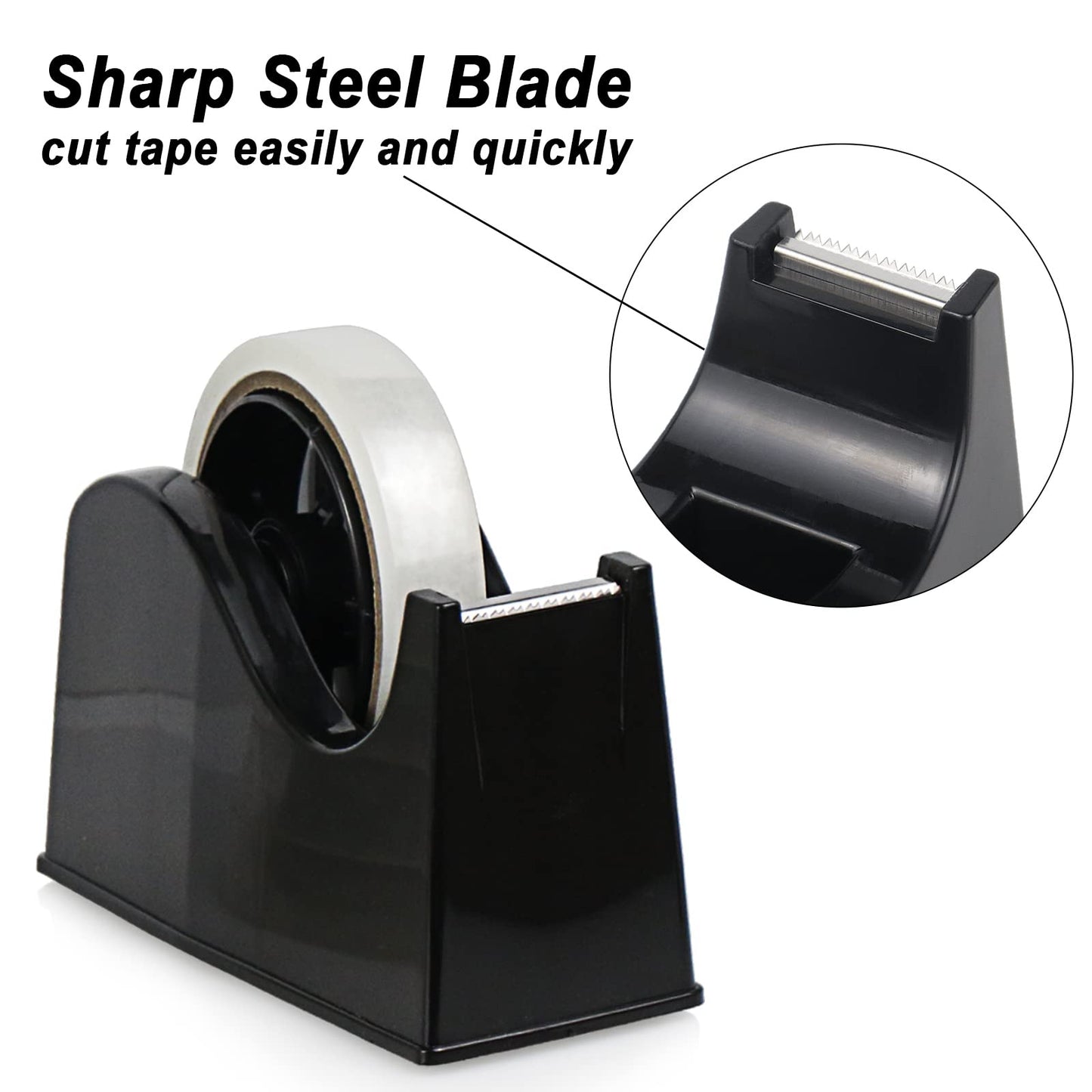 BOMEI PACK Desktop Tape Dispenser (Fits 1" & 3" Core) with Transparent Tape Refills, Clear Tape with Black Tape Holder,Weighted Non Slip Base, for Masking Tape,Heat Resistant Tape
