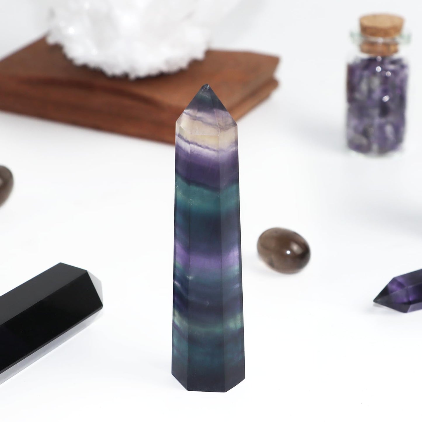 Fluorite Healing Crystals Wand, 3" Natural Crystals and Healing Stones, Polishing Reiki Energy Gemstones Crystal Points for Meditation Spiritual Decor Gifts for Women (Rainbow Fluorite-Large)