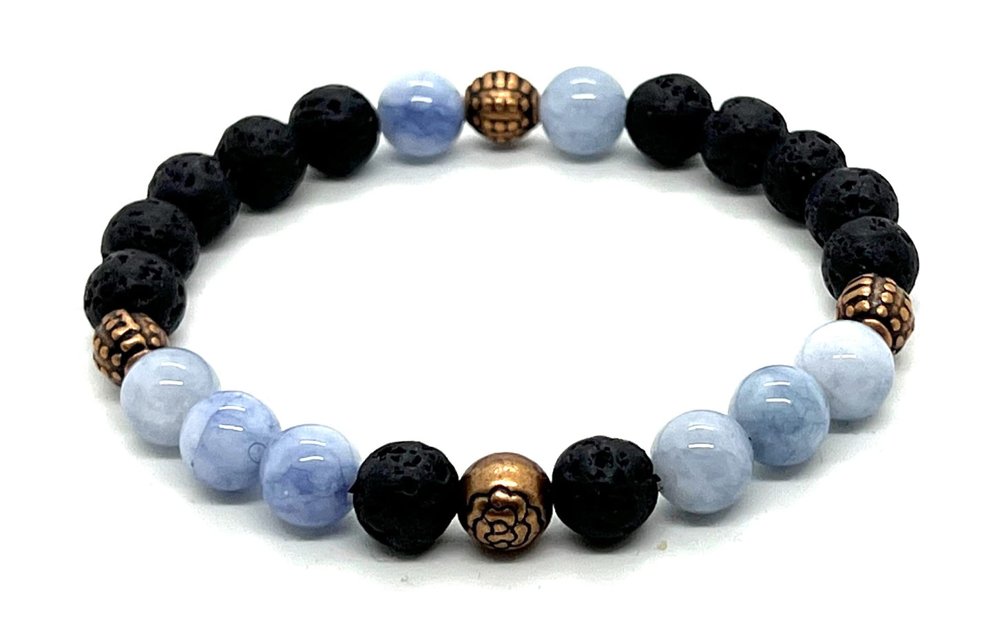 AWAKEN YOUR KUNDALINI Lava Rock & Aquamarine Stretch Bracelet – 8mm Beads, Copper Spacers